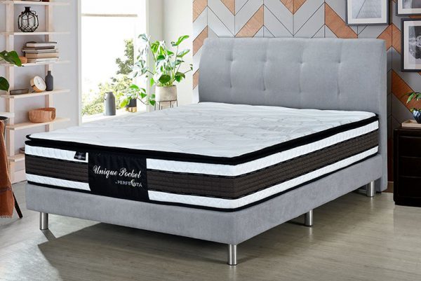 Grey bed frame with Unique pocket mattress
